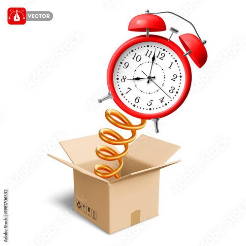 Alarm clock, popping out of an open cardboard delivery box on a spring. Time is gone, wasted time. Time management, limited offer concept. 3D vector illustration