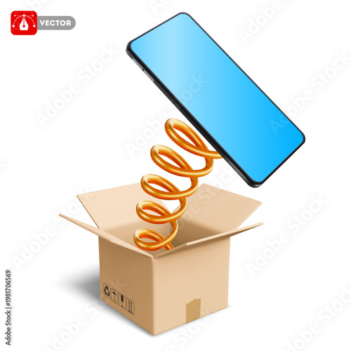 Smartphone, popping out of an open cardboard delivery box on a spring. Concept of surprise, prank, unexpected, sudden, pleasant event. 3D vector illustration. Isolated on white
