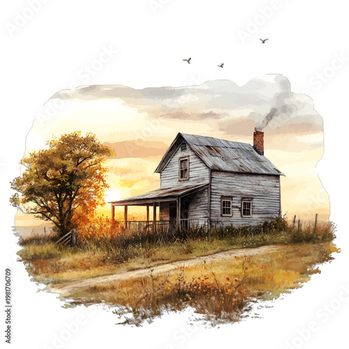 Watercolor Rural Sunset Landscape with Old Rustic Farmhouse and Autumn Tree Clipart