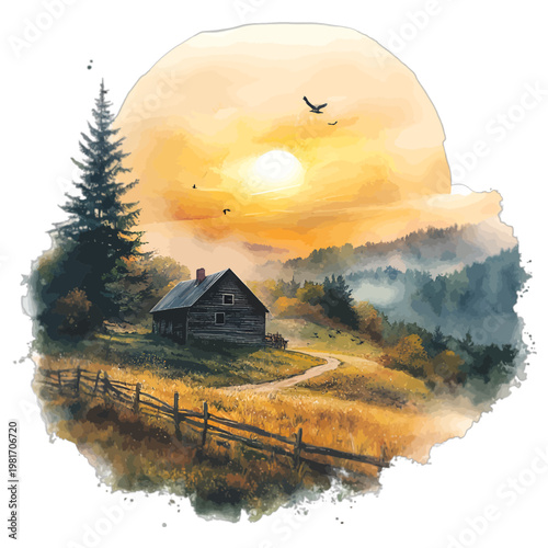 Watercolor Mountain Landscape with Rustic Log Cabin and Evergreen Tree at Sunset