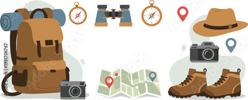 Hiking and photography equipment for outdoor adventure travel and exploration