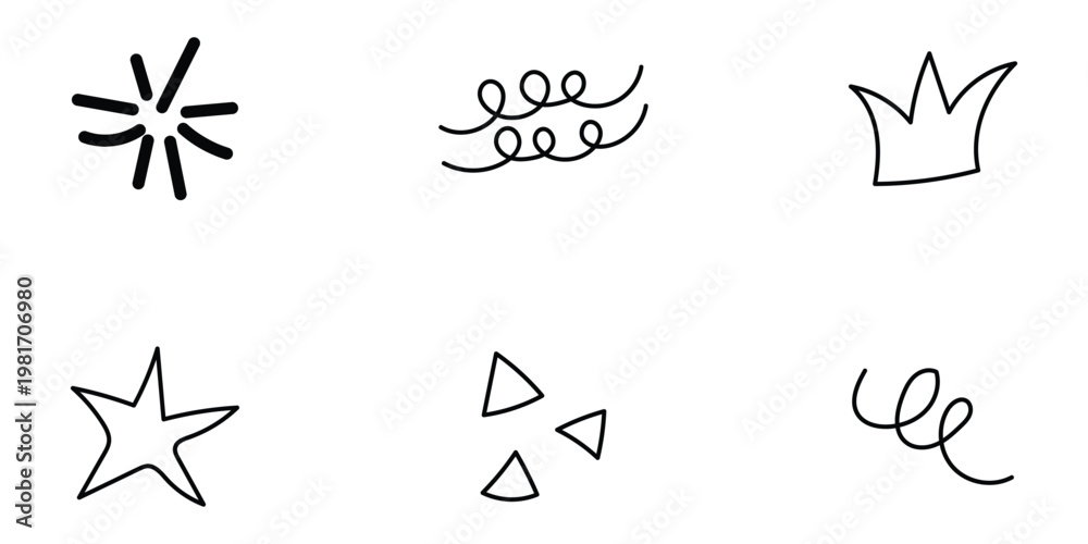 Fototapeta premium Black doodle decorative icons on white background. Vector ornament illustration design on white page. DOODLE line art on white page. EPS 10. 