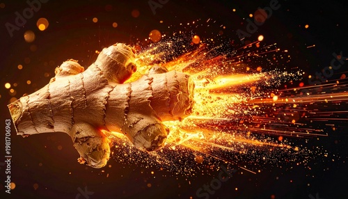 Ginger Root Flying with Dynamic Fire Trail on Black