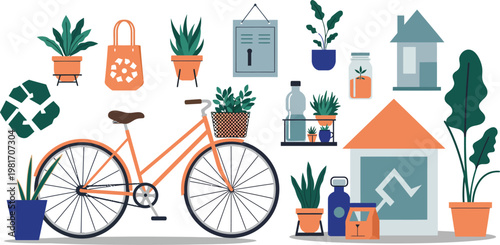 Colorful illustration of a bicycle surrounded by plants and gardening tools in pots and bags on a clean white background
