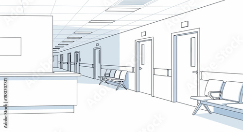 Empty Hospital Corridor with Doors and Waiting Benches, Sketch Style
