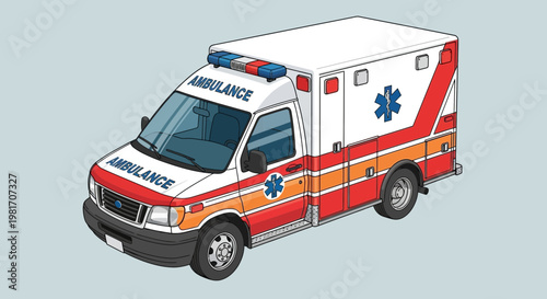 Modern Ambulance Vehicle with Emergency Lights and Star of Life Symbol