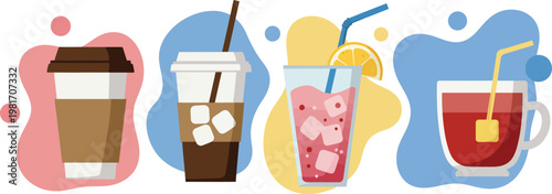 Four colorful drinks with straws and ice on a white background in abstract shapes