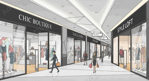 Modern Shopping Mall Interior with Boutiques and Shoppers Walking