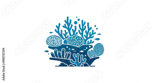 Underwater Brain Coral Reef Ecosystem with Fish and Marine Life