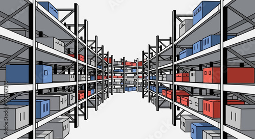 Warehouse Aisles with Shelves Stacked High with Colorful Boxes