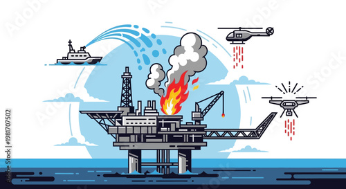 Offshore oil rig fire emergency response with helicopter and drone
