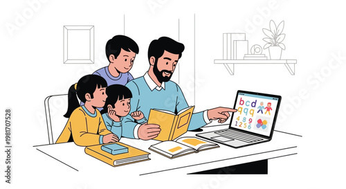 Father Teaching Children Online with Laptop and Book, Home Education