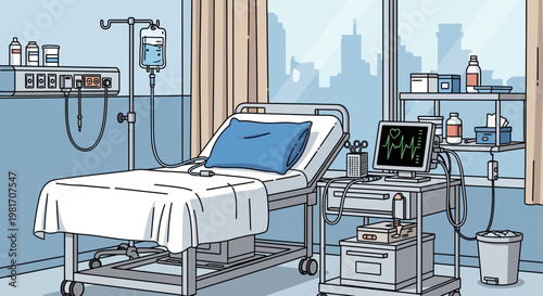 Empty hospital room with medical equipment, IV drip, and monitor, city skyline view.