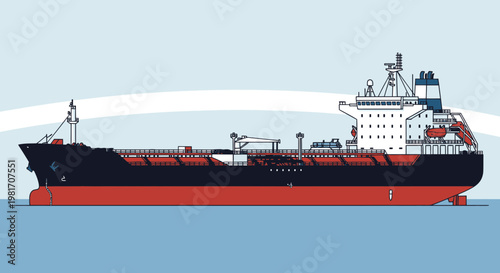 Large Oil Tanker Ship Sailing on the Blue Sea, Commercial Vessel Illustration