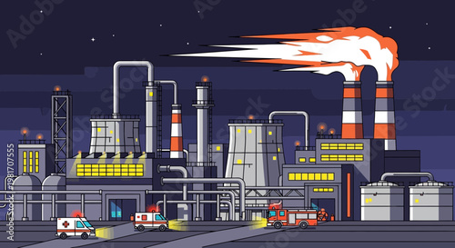 Pixel Art Factory Fire Emergency Response at Night