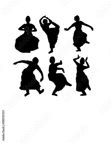 Classic costume India dancer, traditional dancing performance pose black silhouette