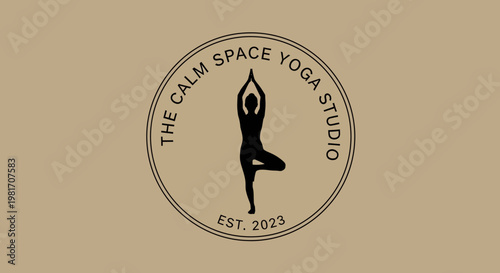 Yoga studio logo, calm space, tree pose silhouette, wellness, est 2023