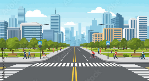 Vibrant Cityscape with Busy Street, Pedestrians, and Green Park on a Sunny Day