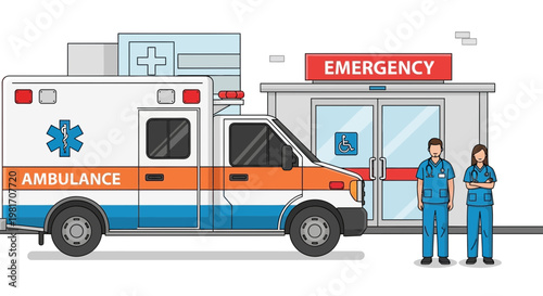 Ambulance and Medical Staff Outside Emergency Hospital Entrance