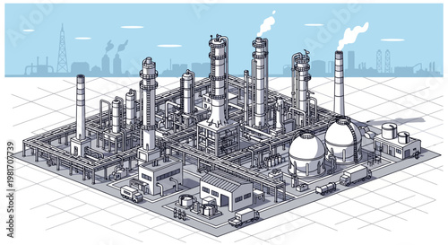 Industrial Oil Refinery Complex with Distillation Towers and Pipelines