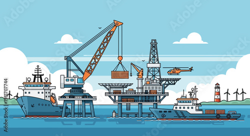 Offshore Oil Rig Platform with Ships and Helicopter, Industrial Marine Scene