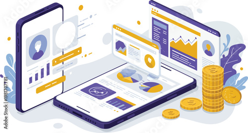 Smartphones displaying business analytics and financial data with coins and graphs