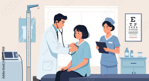 Doctor examining patient with nurse present in medical office, healthcare concept
