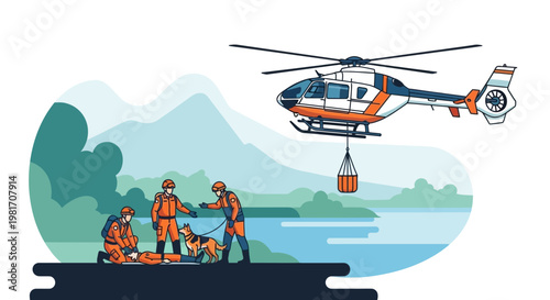 Rescue Team With Helicopter Saves Person In Nature Scene
