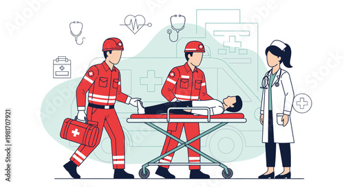 Paramedics Transporting Patient on Stretcher with Doctor and Medical Icons