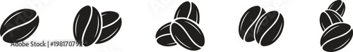 Coffee beans icon set with black roasted seed symbols. Natural caffeine ingredients for cafe shop and espresso bar branding. Roasted bean design elements for morning energy and beverage graphics.