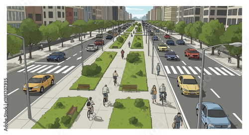 Modern City Avenue with Green Spaces, Pedestrians, Cyclists, and Cars