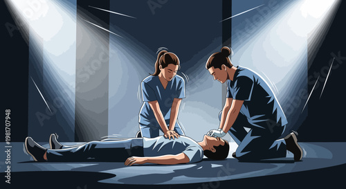Medical Professionals Performing CPR on Patient in Dramatic Lighting