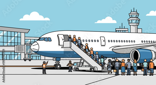 Airplane boarding with passengers on stairs at airport terminal, travel concept