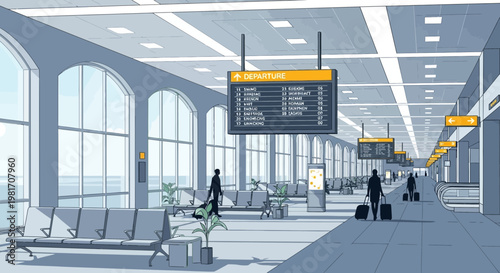 Modern airport departure hall with passengers and flight information board