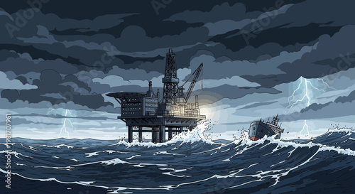 Oil Rig in Stormy Sea with Lightning Strikes and Rough Waves
