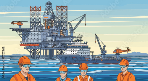 Offshore Oil Rig Crew in Arctic Waters with Icebreaker Ship and Helicopters