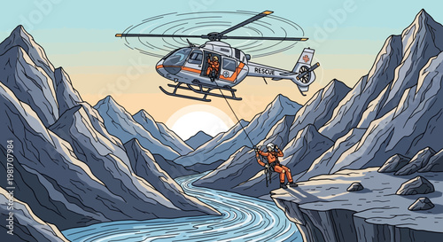 Helicopter rescue operation in mountains, airlift of stranded person by cliff edge over river
