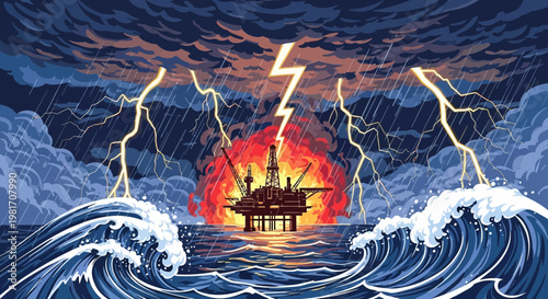 Offshore oil rig engulfed in flames during stormy seas with lightning strikes