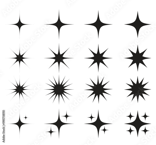 Collection of black starburst and sparkle embellishments with starburst embellishment highlight decoration abstract illustration collection background isolated radiance energetic signature