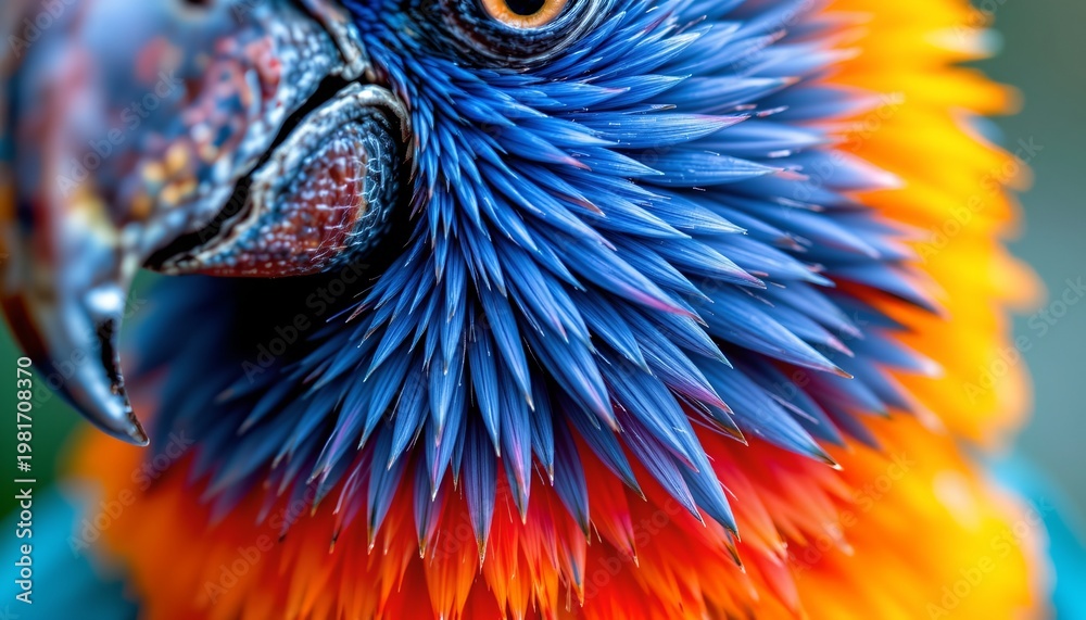 Obraz premium The image features a close up of a colorful bird, highlighting its vibrant plumage and detailed facial features