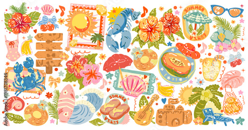 Retro summer clipart , summer vacation illustration, Groovy  coastal aesthetic print, hand drawn mediterranean Italy summer, Vector Italian, beach day clipart, coastal, nautical, Digital dolce vita