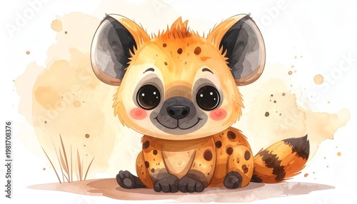 Minimalist watercolor illustration of Cute cartoon hyena hilarity