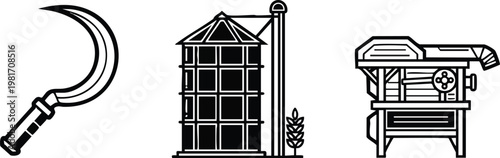 Harvesting Tools and Grain Storage Agriculture Icon Set