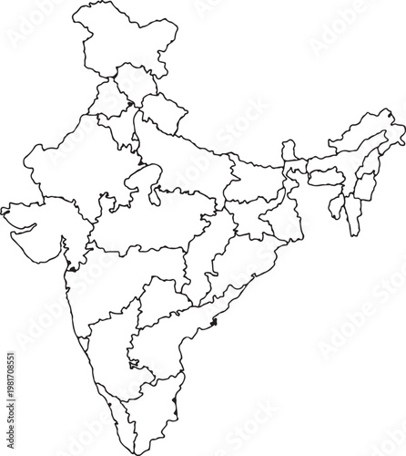 India political map with state borders, black thin line art on white background