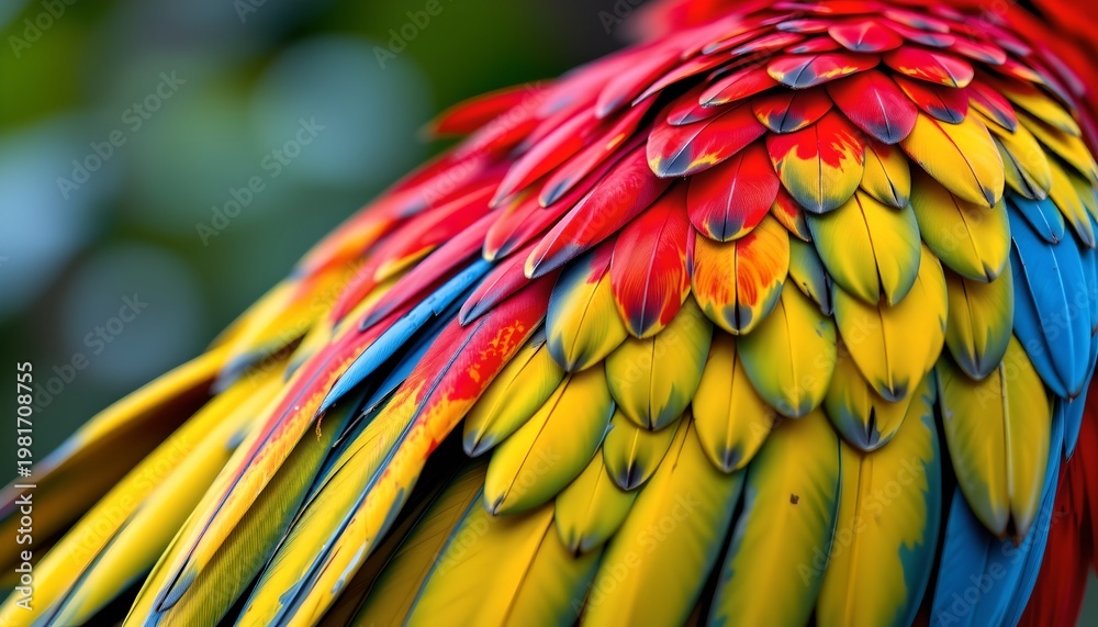 Obraz premium The image features a close up view of a bird's colorful feathers, primarily showcasing vibrant shades of red, yellow, blue, and green