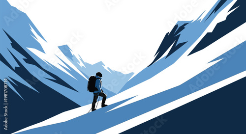 Lone hiker ascending a dramatic stylized mountain landscape