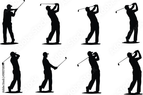 Golf swing sequence eight silhouettes illustrating the motion