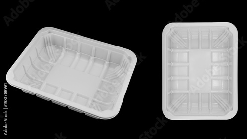 Disposable white plastic lunch box container isolated on black background. Plastic container isolated. Single-use plastic packaging