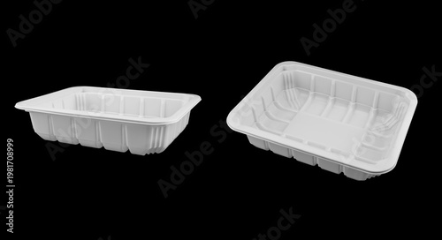 Disposable white plastic lunch box container isolated on black background. Plastic container isolated. Single-use plastic packaging