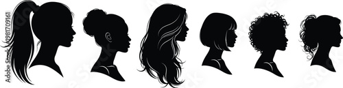 Silhouettes of women with diverse hairstyles in a row